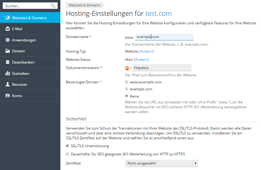 Hosting-Einstellungen